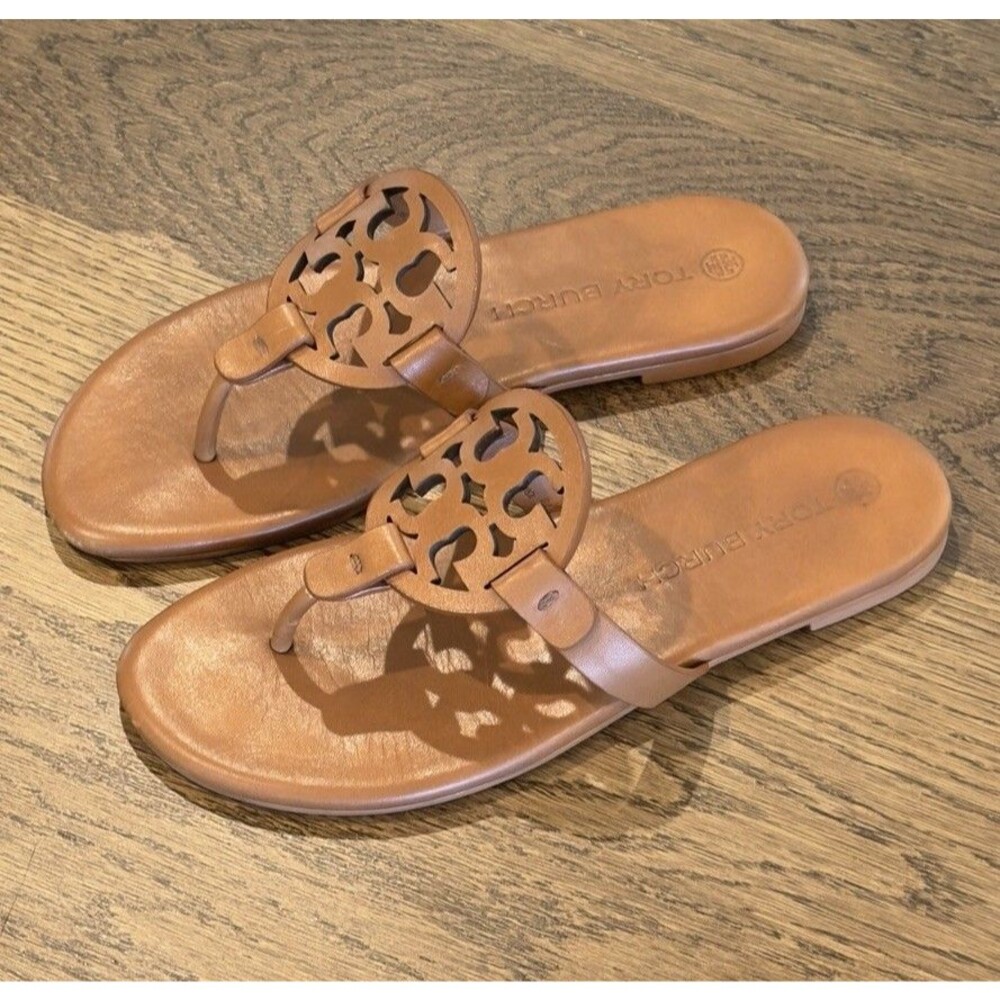 Tory Burch Miller Calf Leather Soft Sandals Women’s Sz 5.5 Bourbon Miele Emblem - Picture 2 of 9